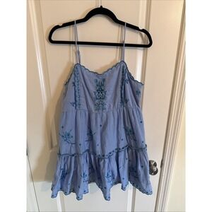 Urban Outfitters Hanna Embroidered Scalloped Babydoll Mini Dress Light Blue Med